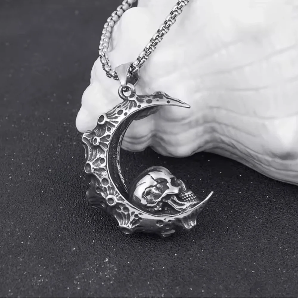 925 Sterling Silver Skull In Crescent Moon NO FADE Necklace Unisex Biker Goth